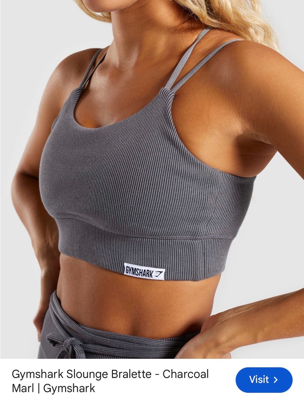 Gymshark Charcoal Ribbed Slounge Bralette with Double Straps